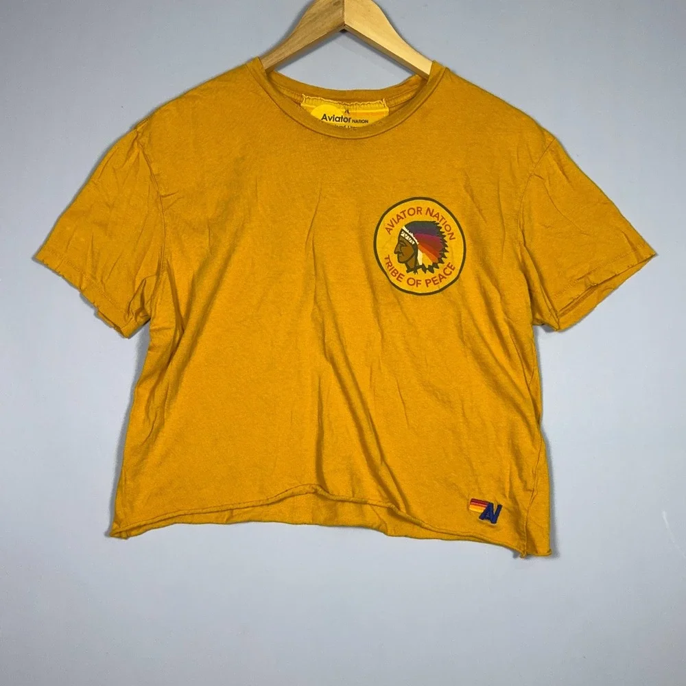 Aviator Nation Tribe of Peace Cropped T-Shirt Womens Medium Mustard Yellow Tee - Picture 1 of 9